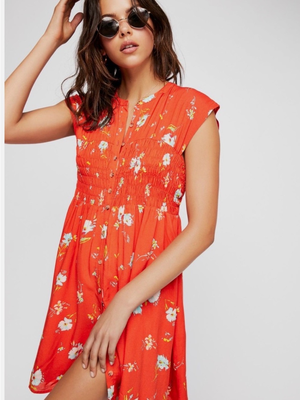 Free People Orange Red Floral Smocked Mini Dress